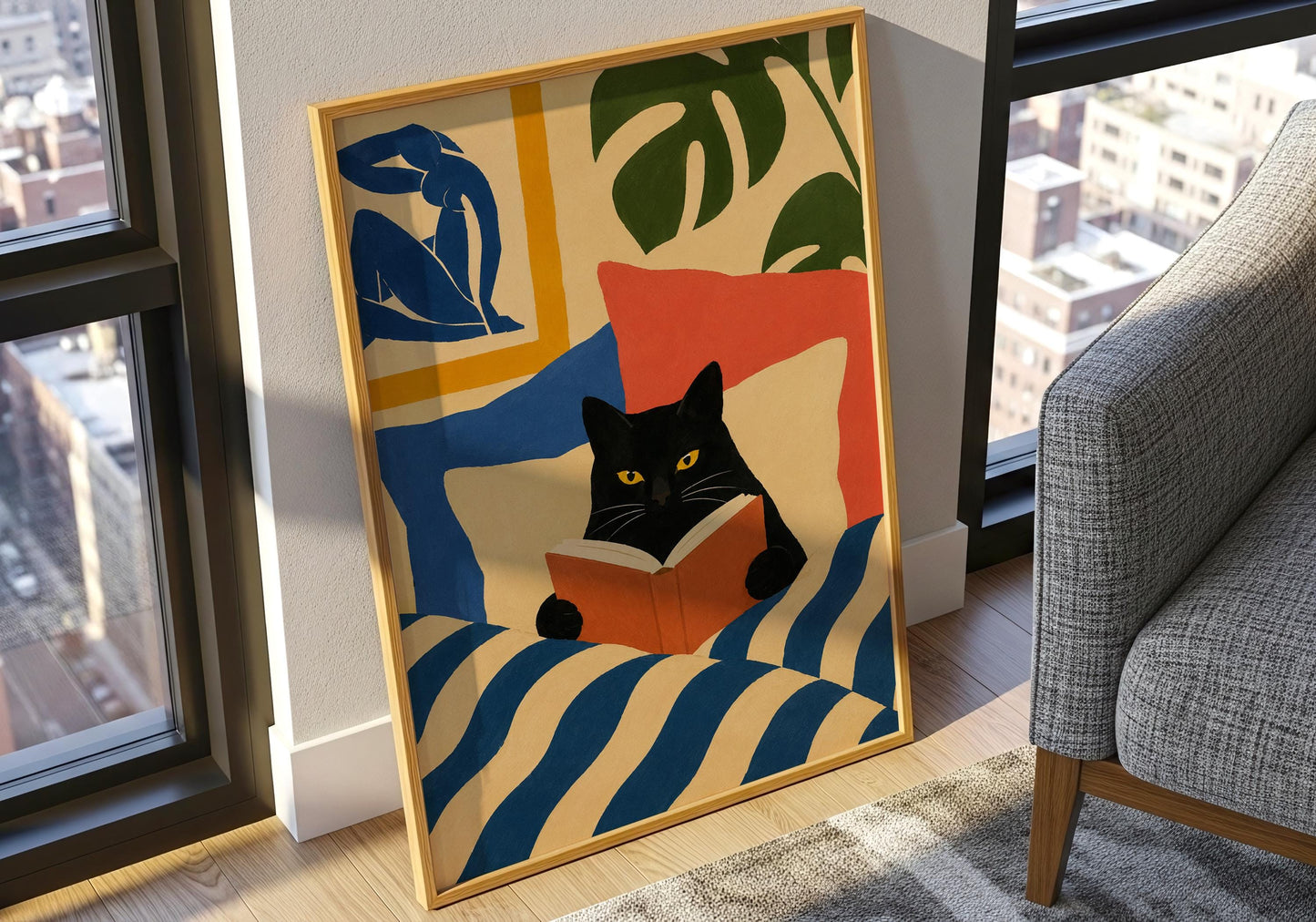 Contemporary black cat print with graphic blue, cream, green, and orange color block design.