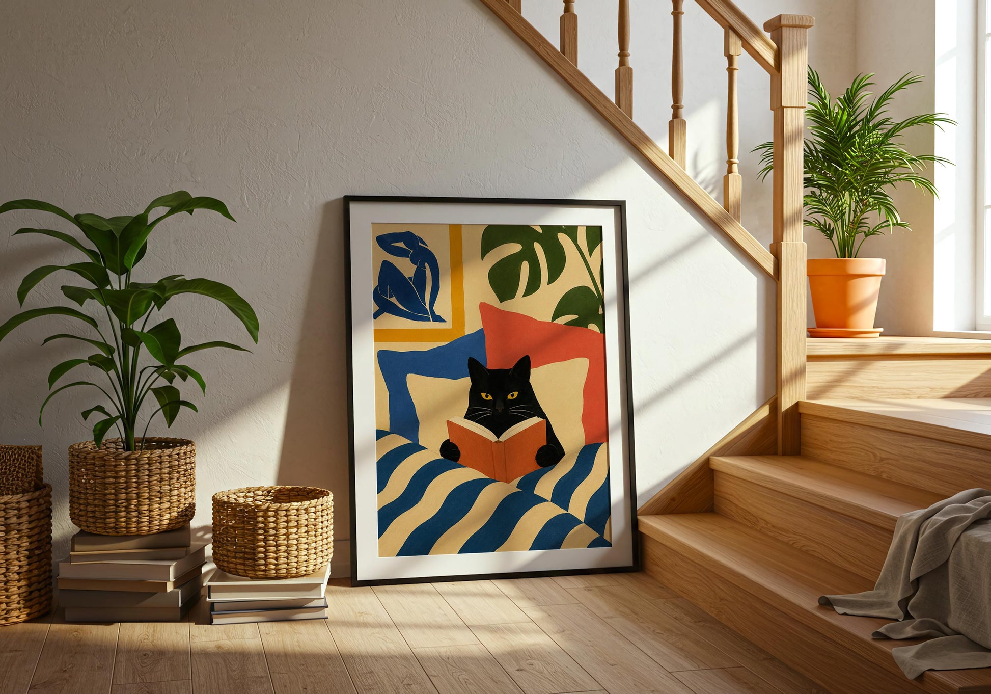 Colorful abstract cat artwork for home offices, bedrooms, and stylish interiors.