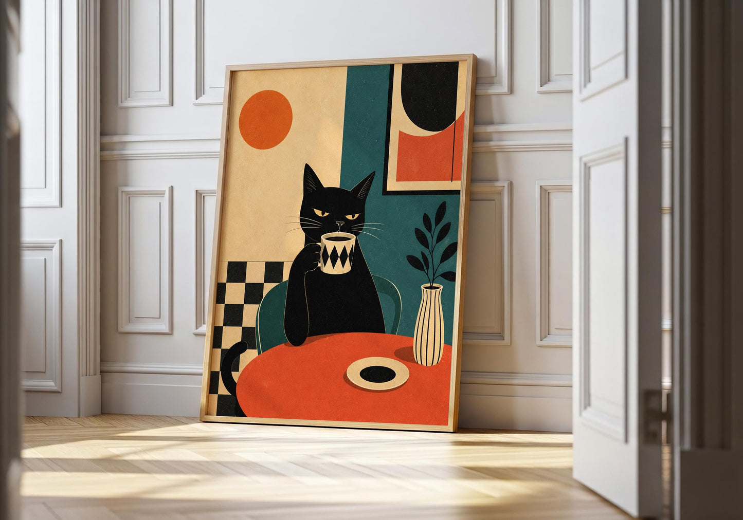 Black cat drinking coffee in a modern graphic kitchen art print with bold geometric shapes.
