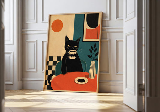 Black cat drinking coffee in a modern graphic kitchen art print with bold geometric shapes.