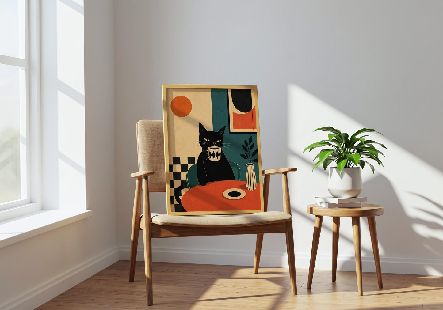 Modern coffee bar artwork with a black cat, abstract shapes, and minimalist design.