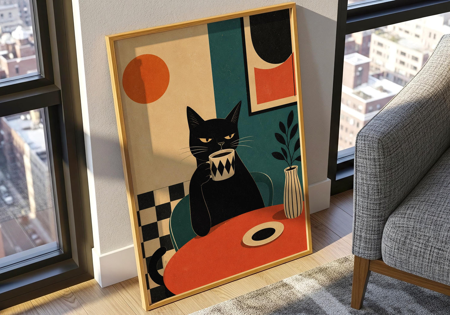 Contemporary black cat coffee wall art featuring a stylish cat holding a patterned coffee mug.