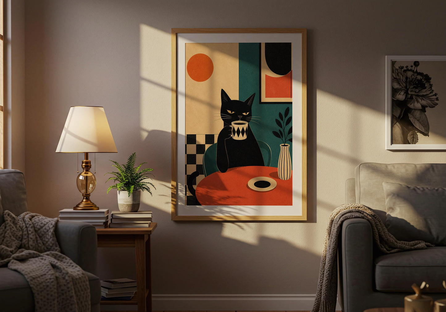 Modern animal wall art featuring a black cat at a café table with abstract design elements.