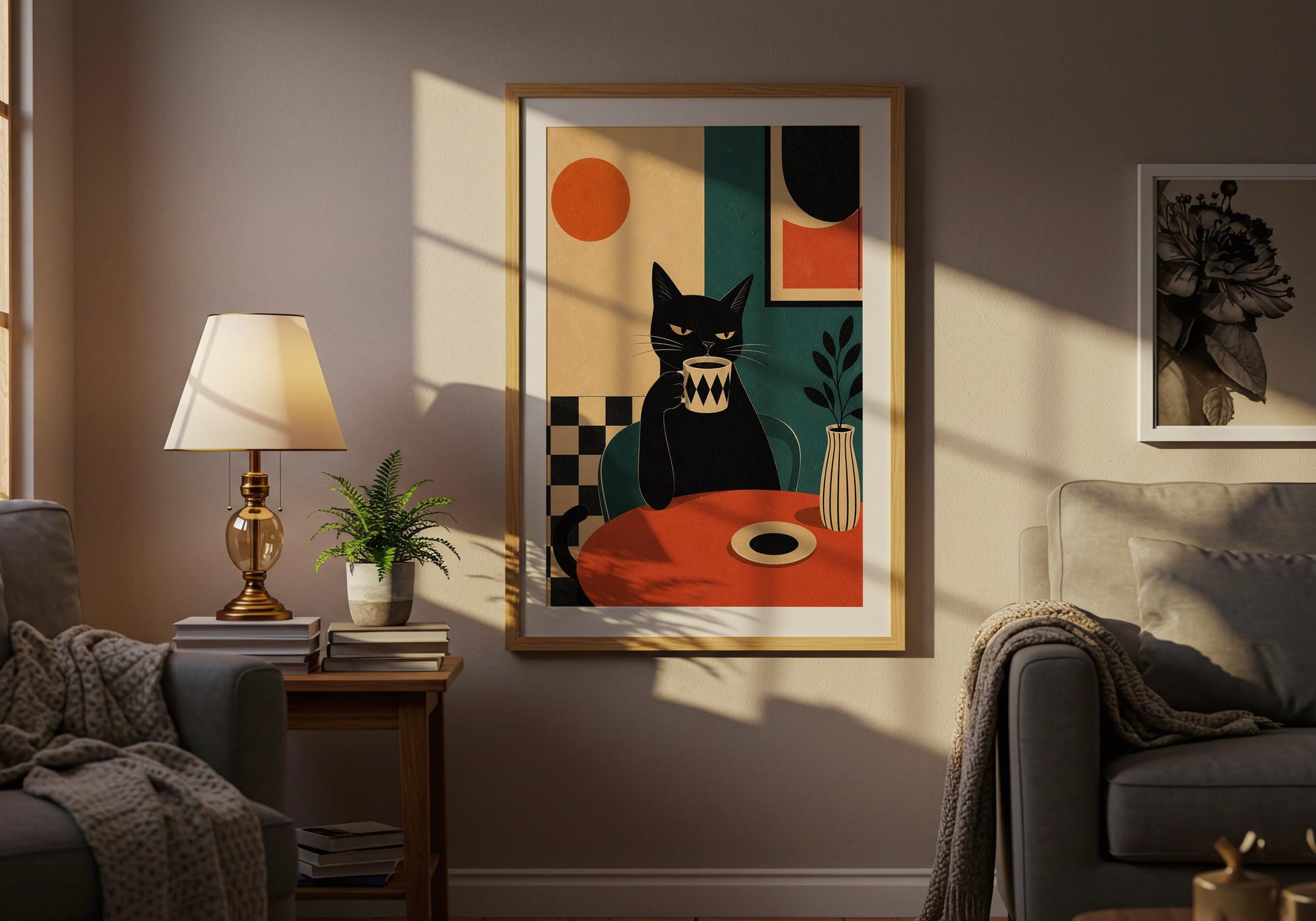 Modern animal wall art featuring a black cat at a café table with abstract design elements.