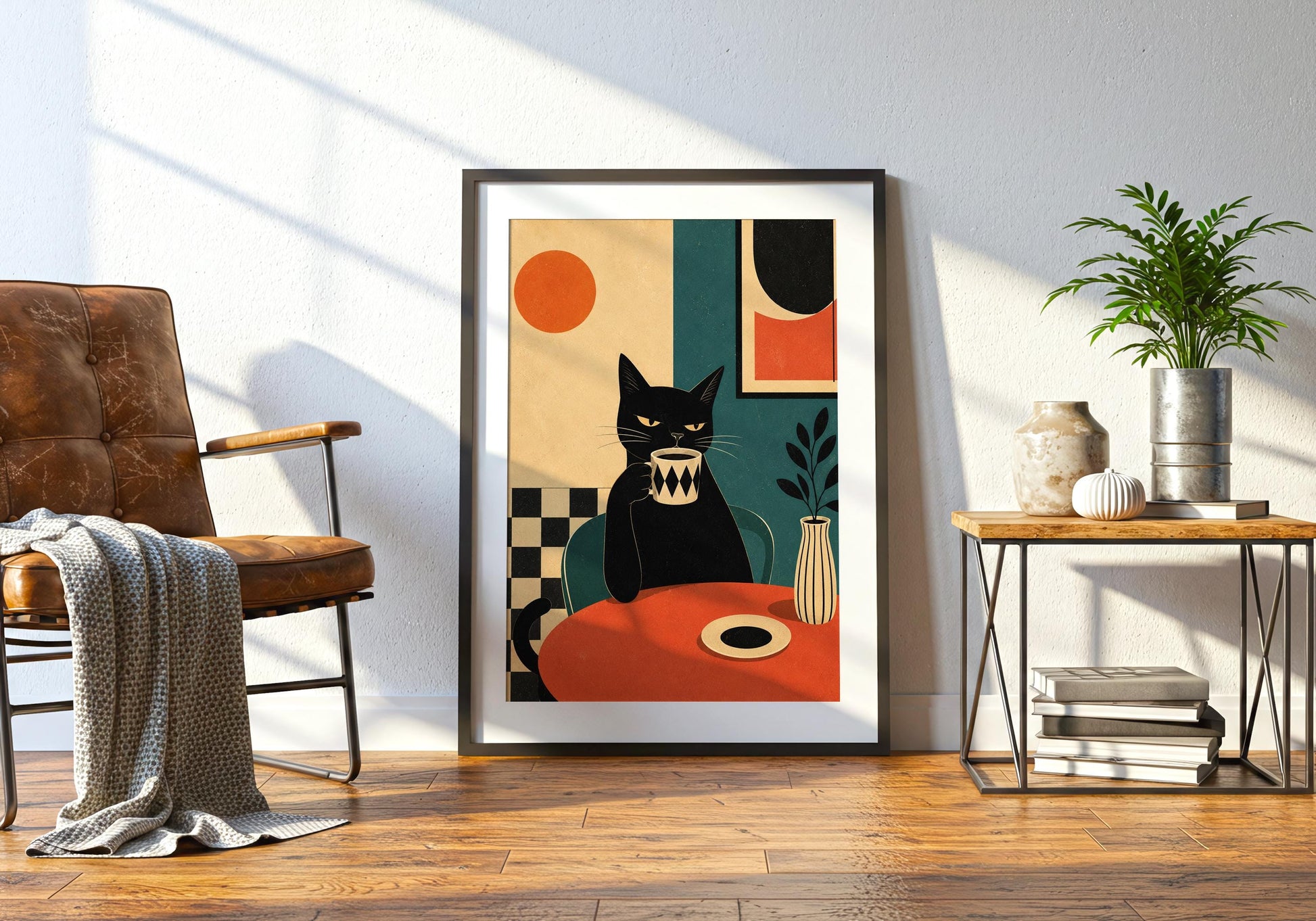 Graphic black cat illustration holding a coffee mug with contemporary home decor styling.