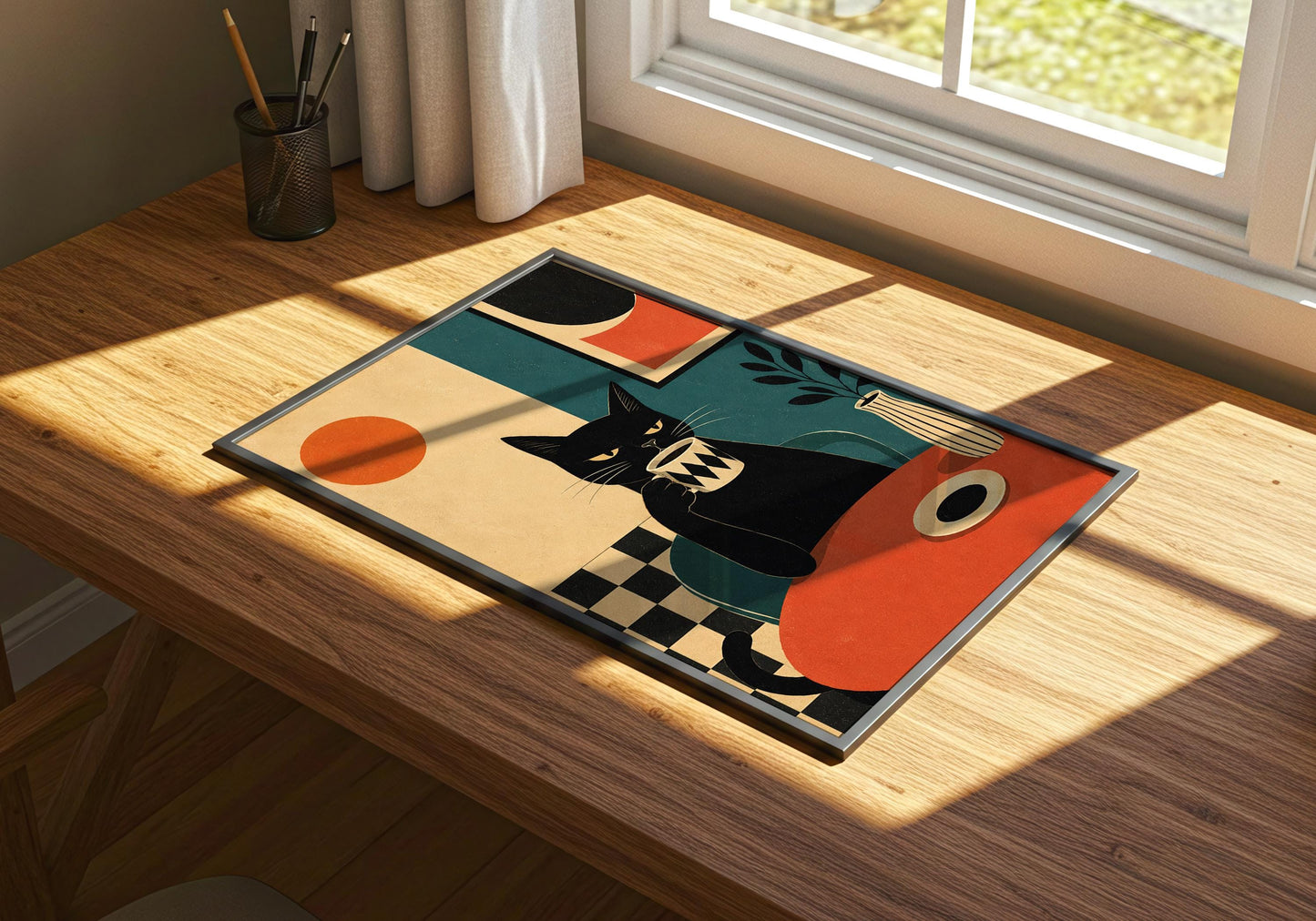 Contemporary kitchen print featuring a black cat drinking coffee with modern geometric artwork.