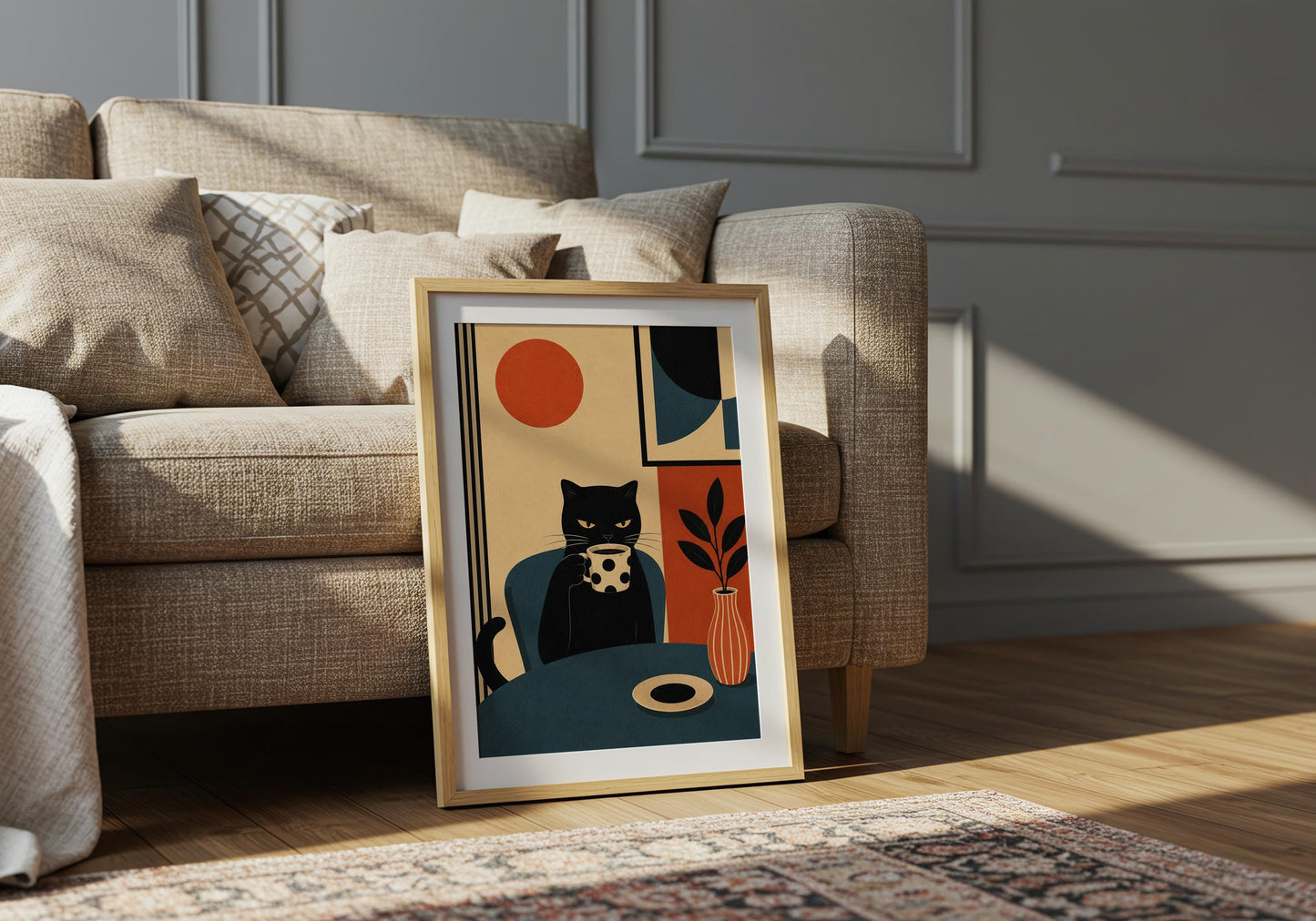 Japandi inspired cat artwork featuring clean lines and warm neutral colors.