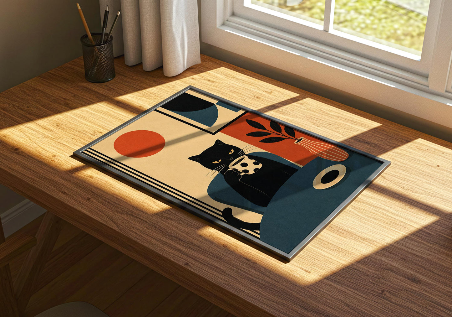 Neutral modern wall art featuring a black cat enjoying coffee in a designer-inspired setting.
