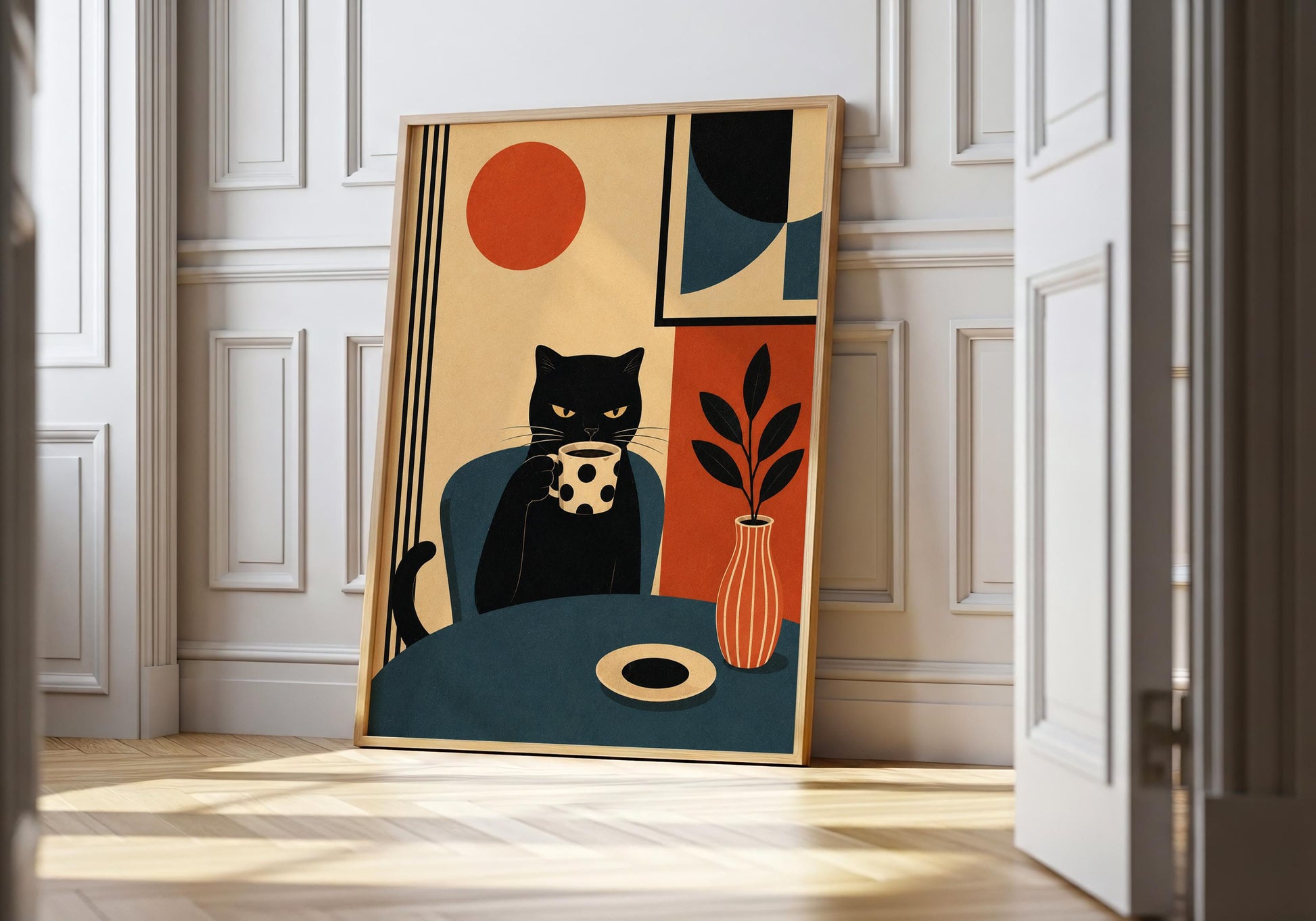 Mid-century black cat wall art with geometric shapes and modern Scandinavian styling.