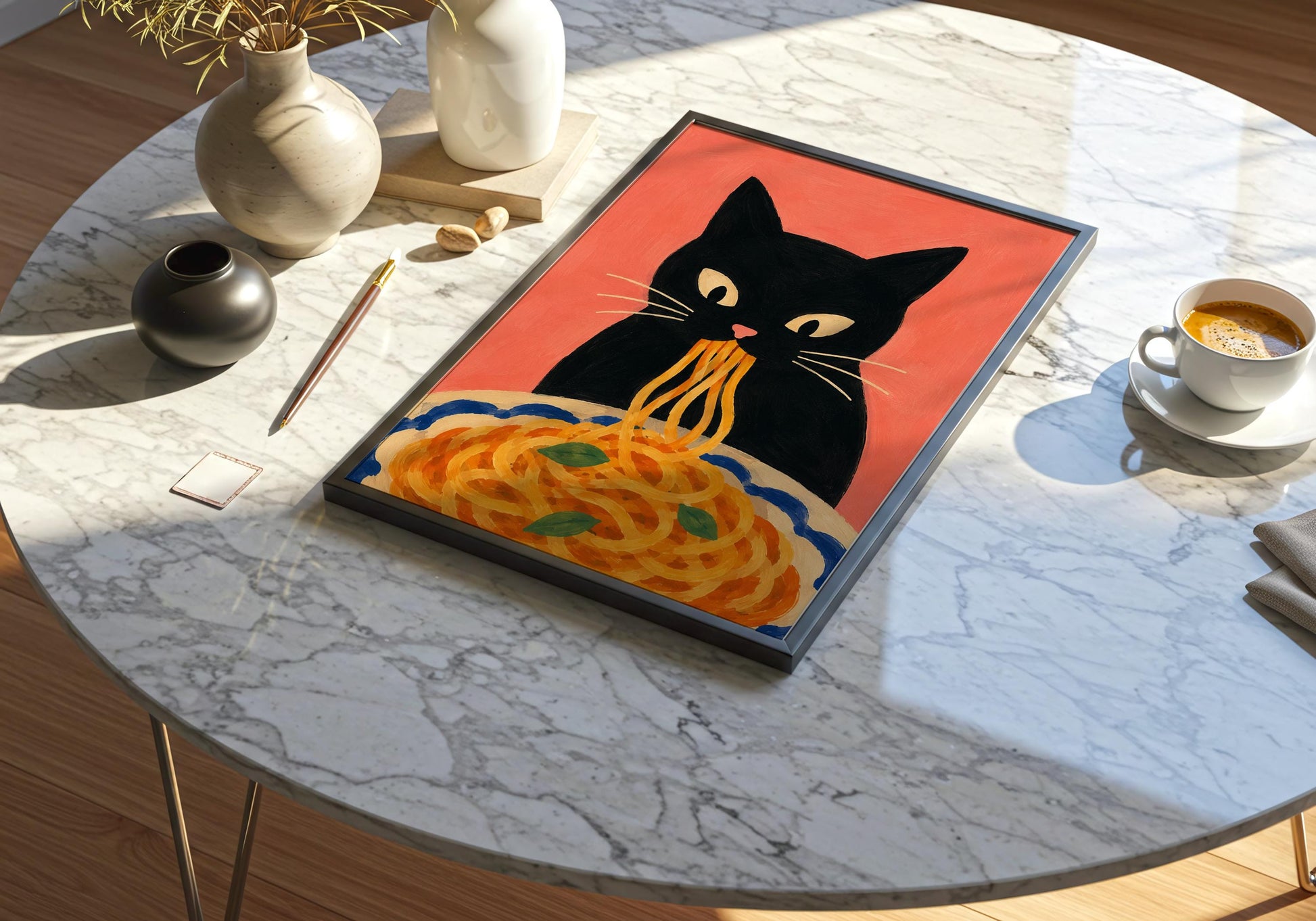 Cute pasta wall art featuring a black cat enjoying a plate of spaghetti.