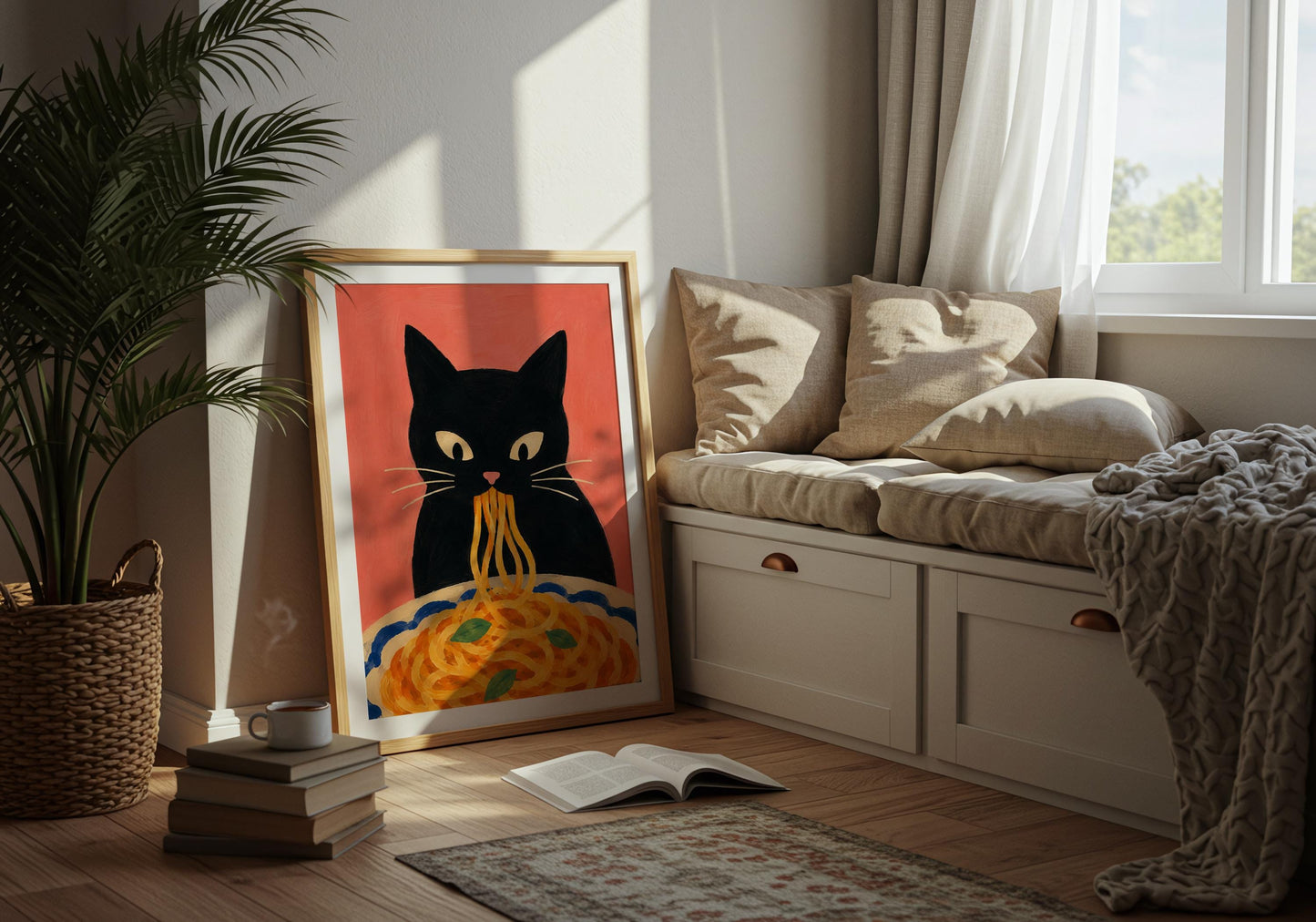 Dining room wall art with a black cat enjoying Italian pasta.