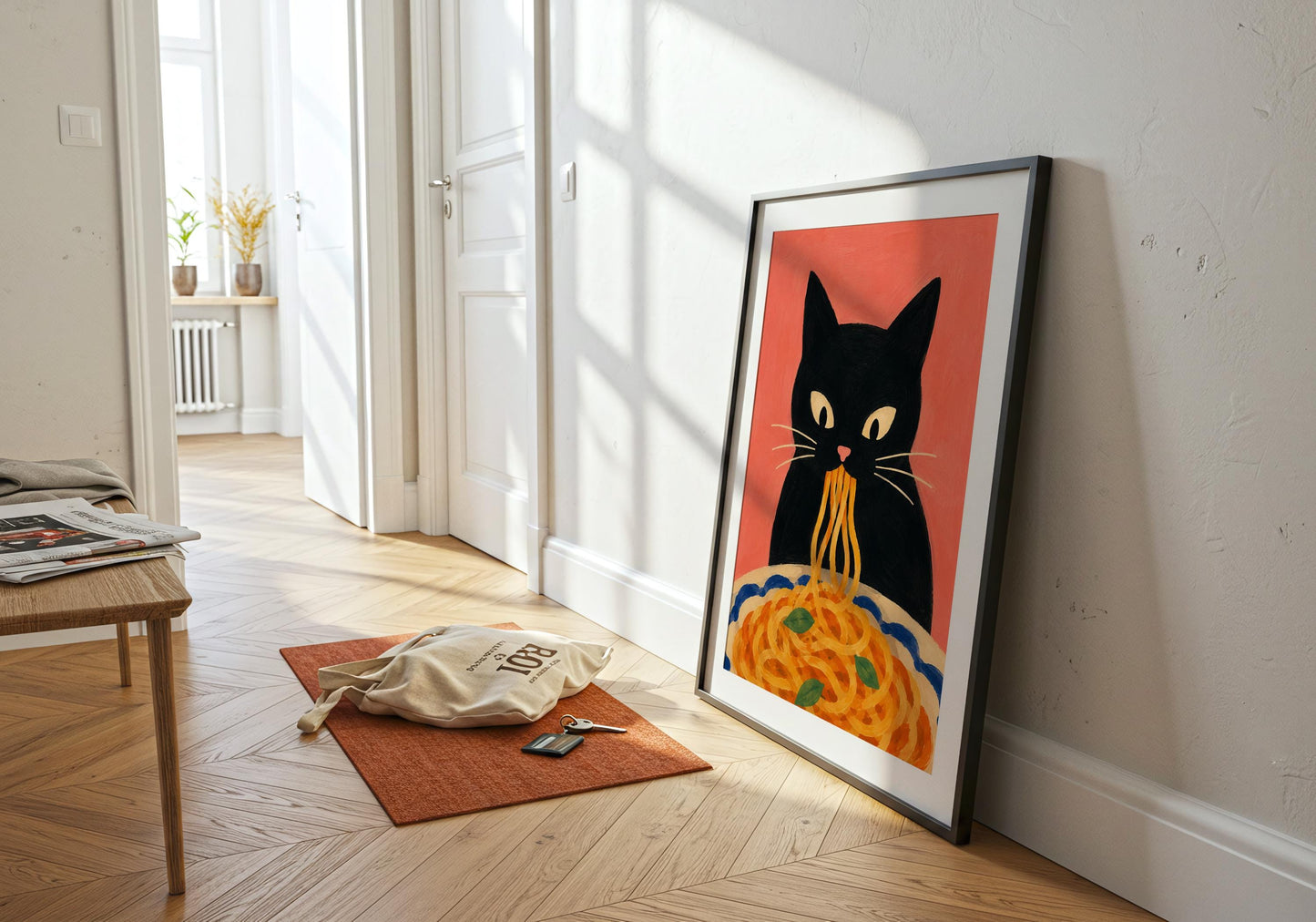 Italian kitchen decor with a whimsical black cat pasta illustration.