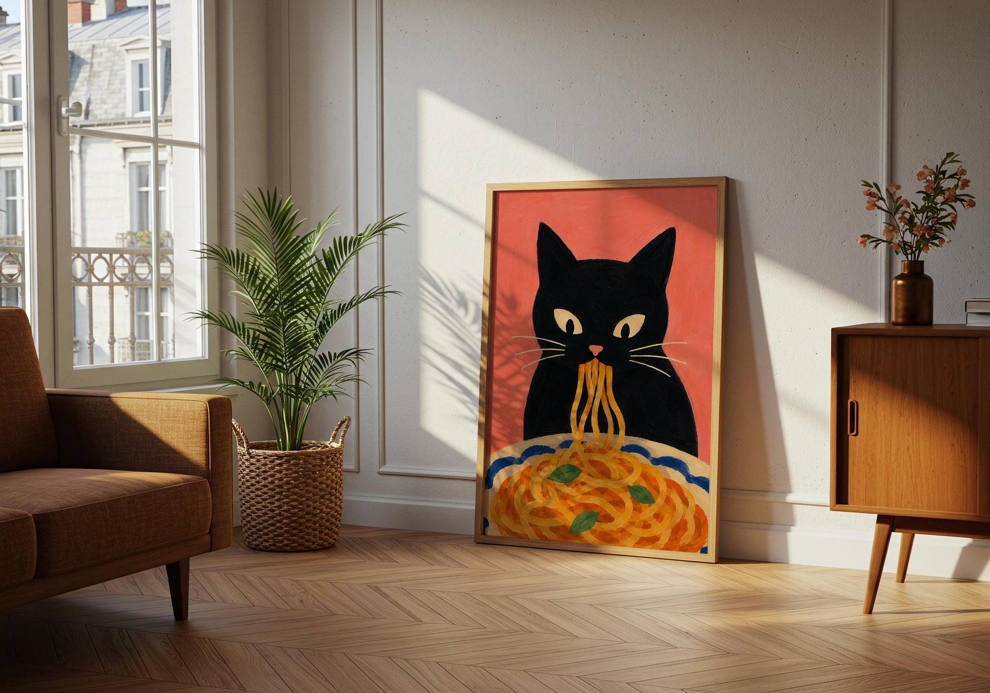 Pasta lover gift with a whimsical black cat illustration for kitchen walls.