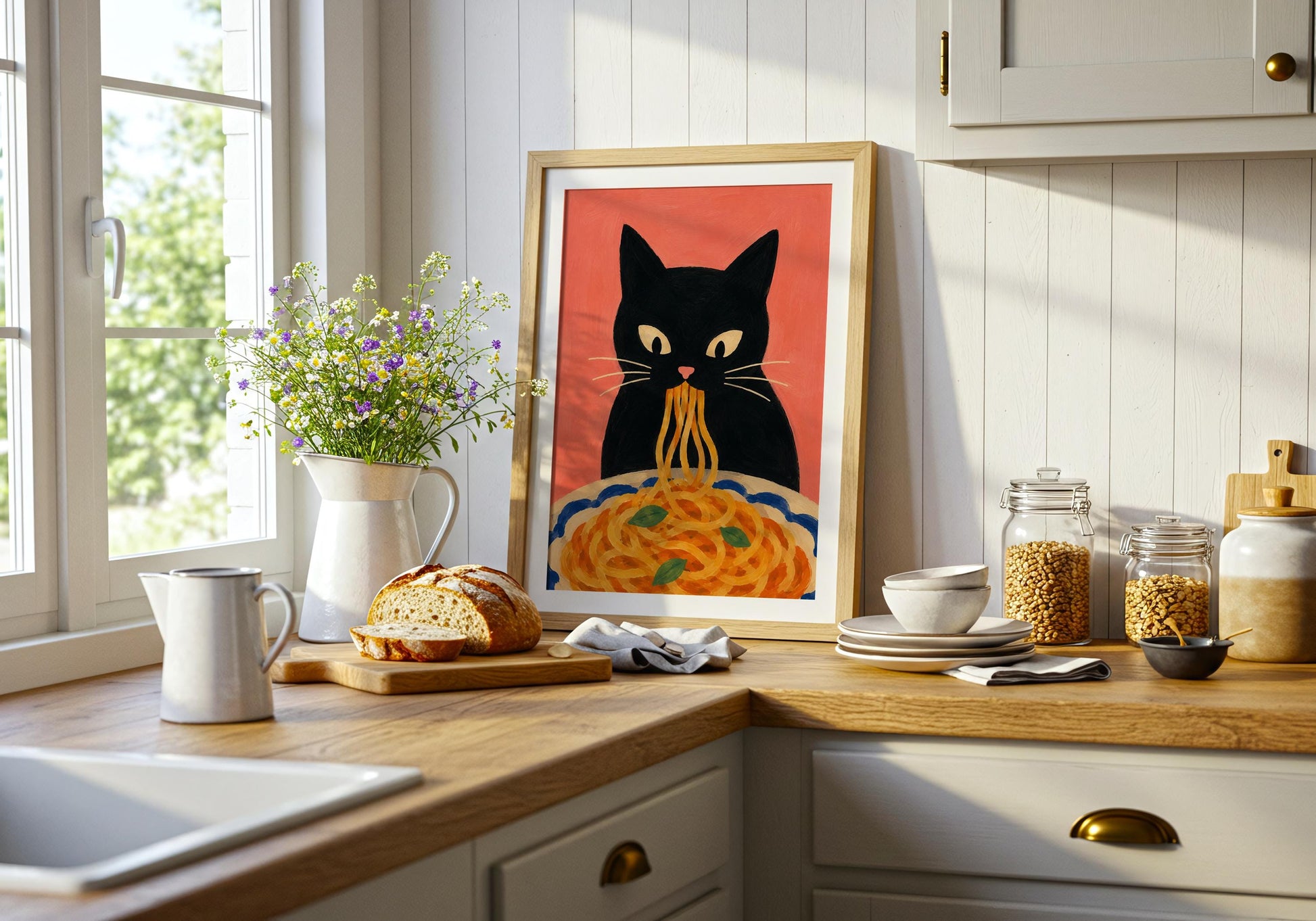 Cute cat food illustration perfect for kitchens, cafés, and restaurants.