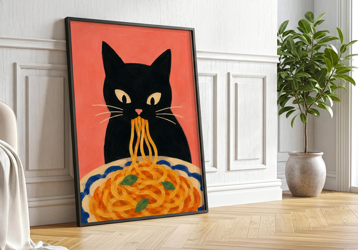 Colorful spaghetti cat print for food lovers and contemporary kitchen decor.