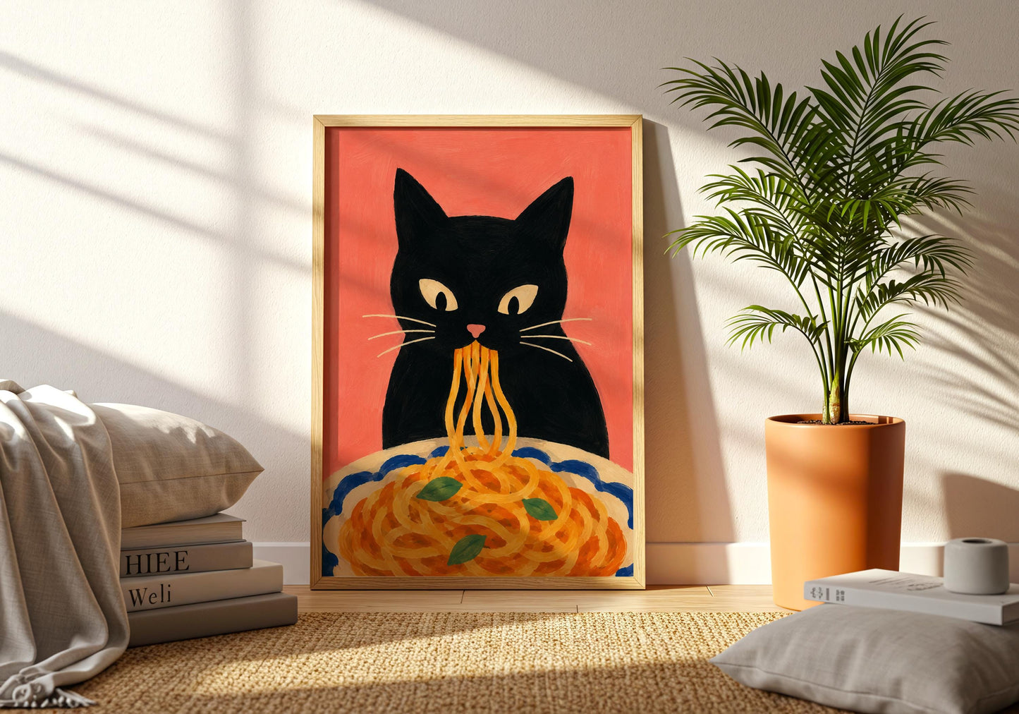Modern Italian food artwork featuring a black cat eating spaghetti.