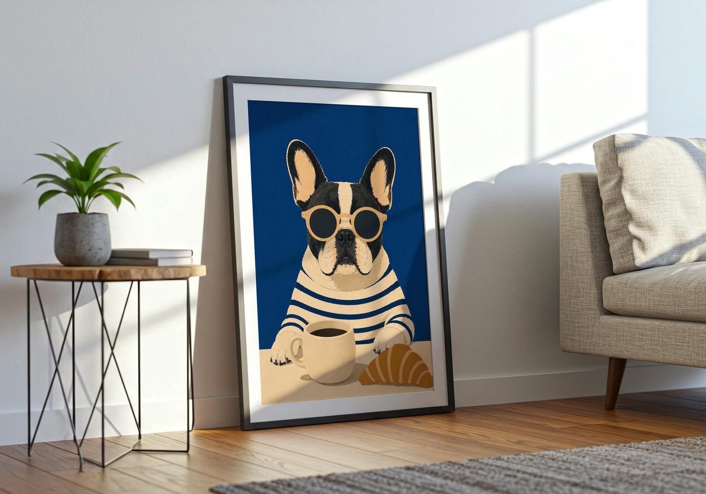 Funny Frenchie wall art with blue background for coffee station and kitchen décor.