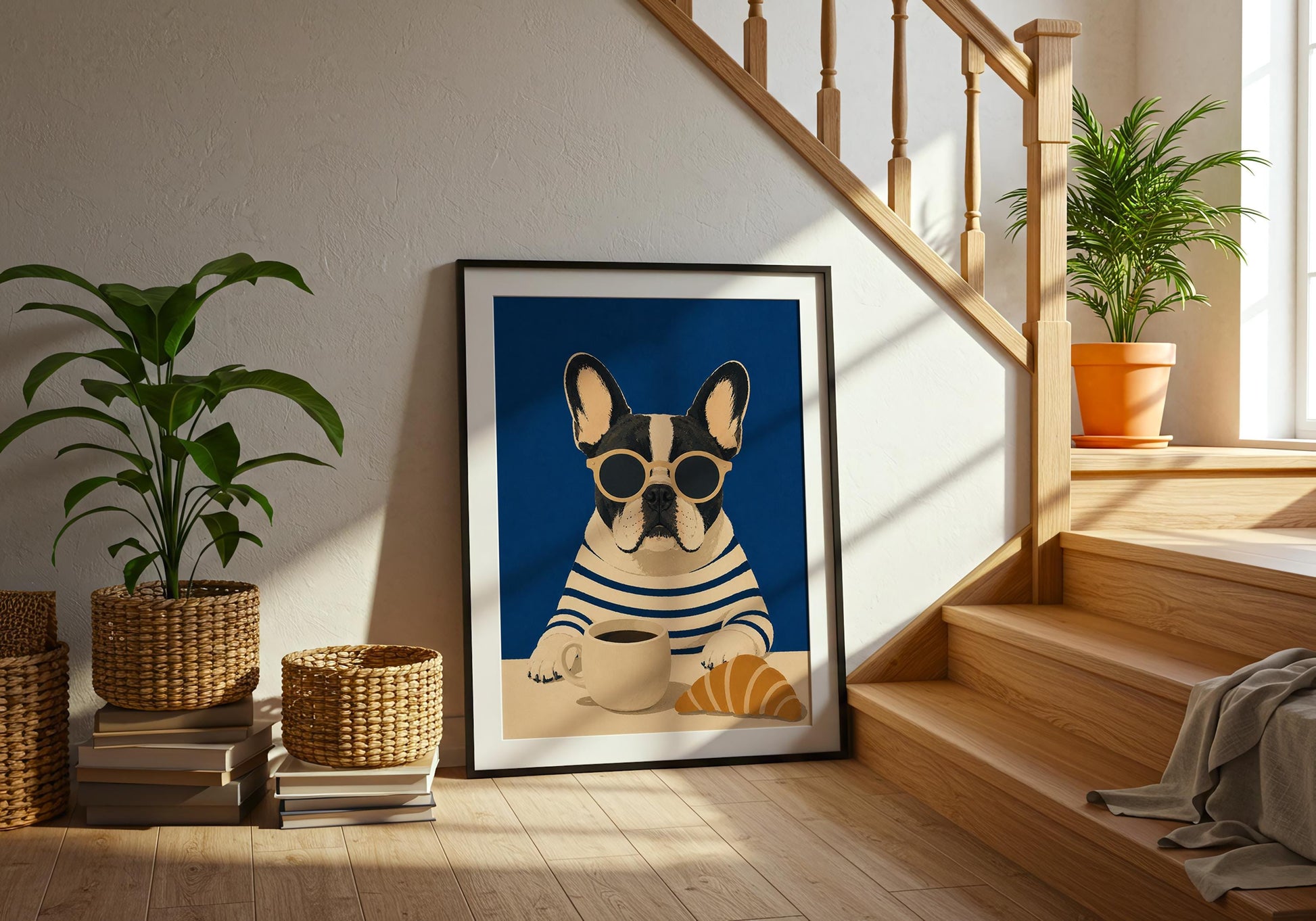 Modern French Bulldog poster with striped shirt, coffee cup, and breakfast croissant.