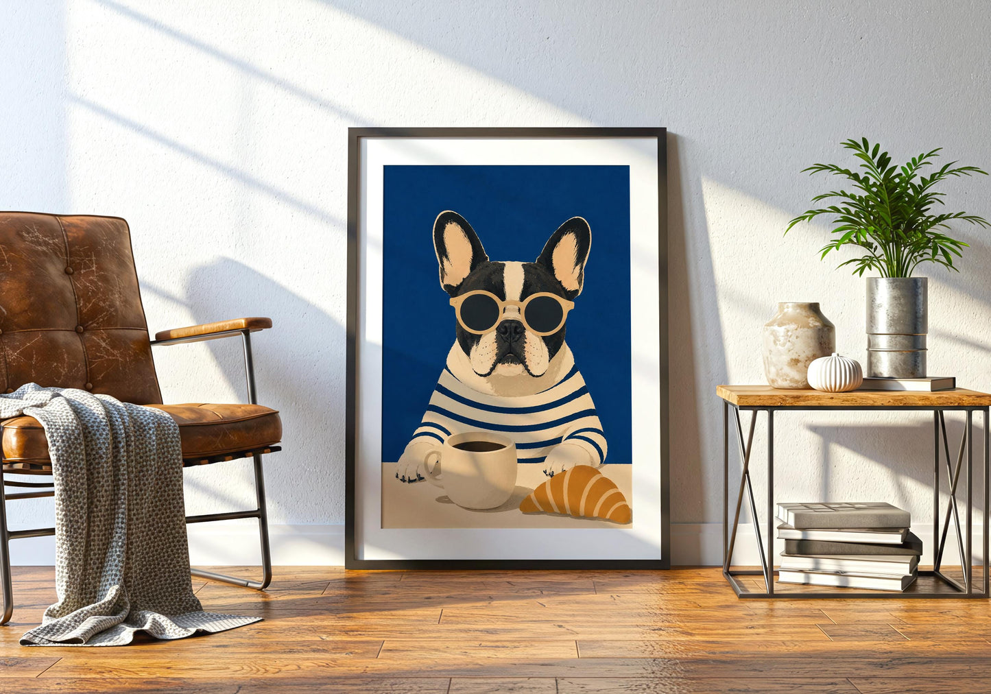 French Bulldog home décor with striped shirt and sunglasses in a playful café scene.
