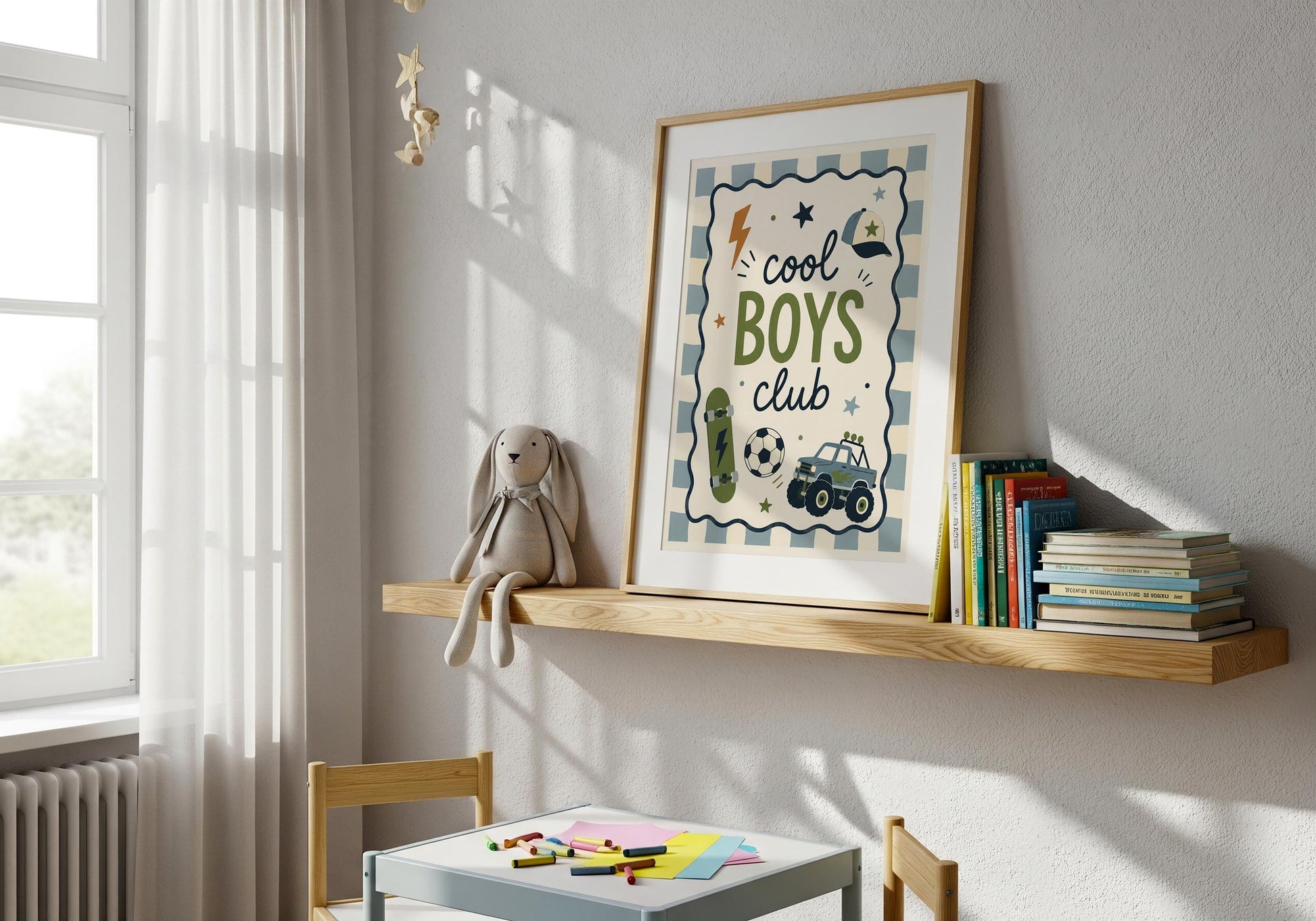 Retro boys bedroom print featuring playful sports and adventure graphics with bold green lettering.