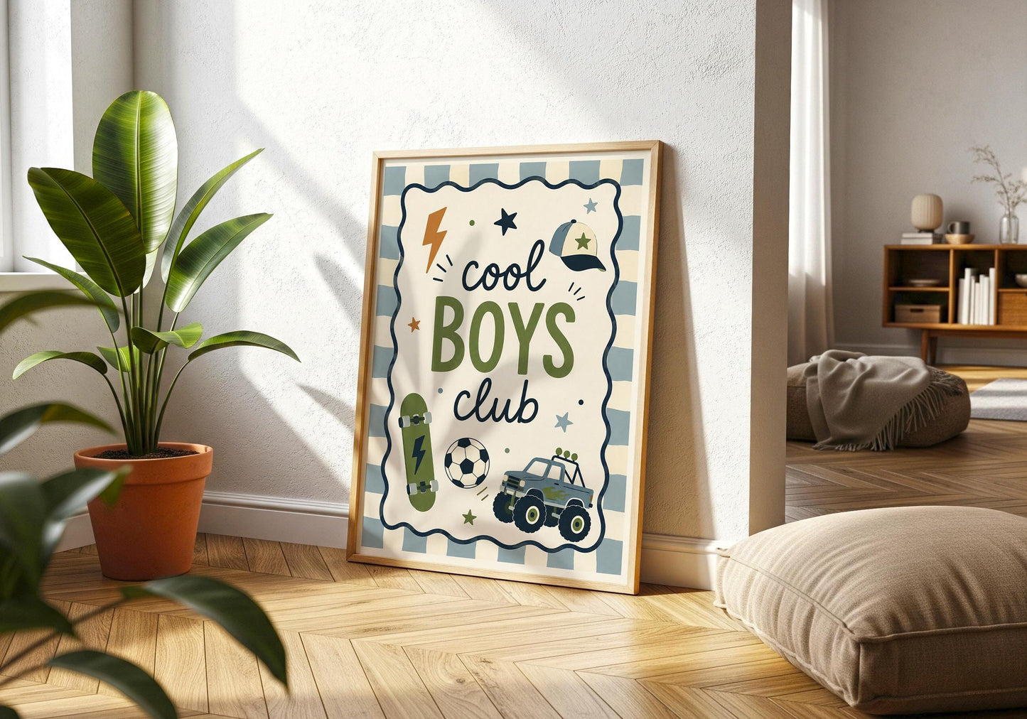 Boys playroom poster in muted colours with bold typography, sports graphics and an adventurous vintage feel.