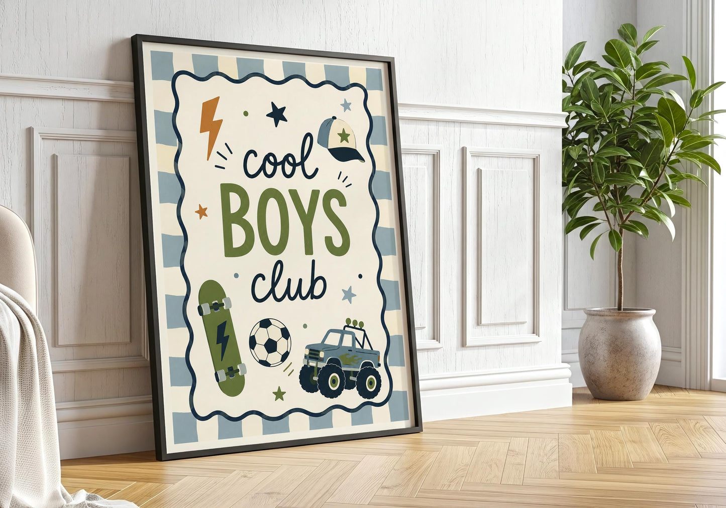 Playful boys bedroom decor featuring Cool Boys Club typography surrounded by sporty illustrated motifs.