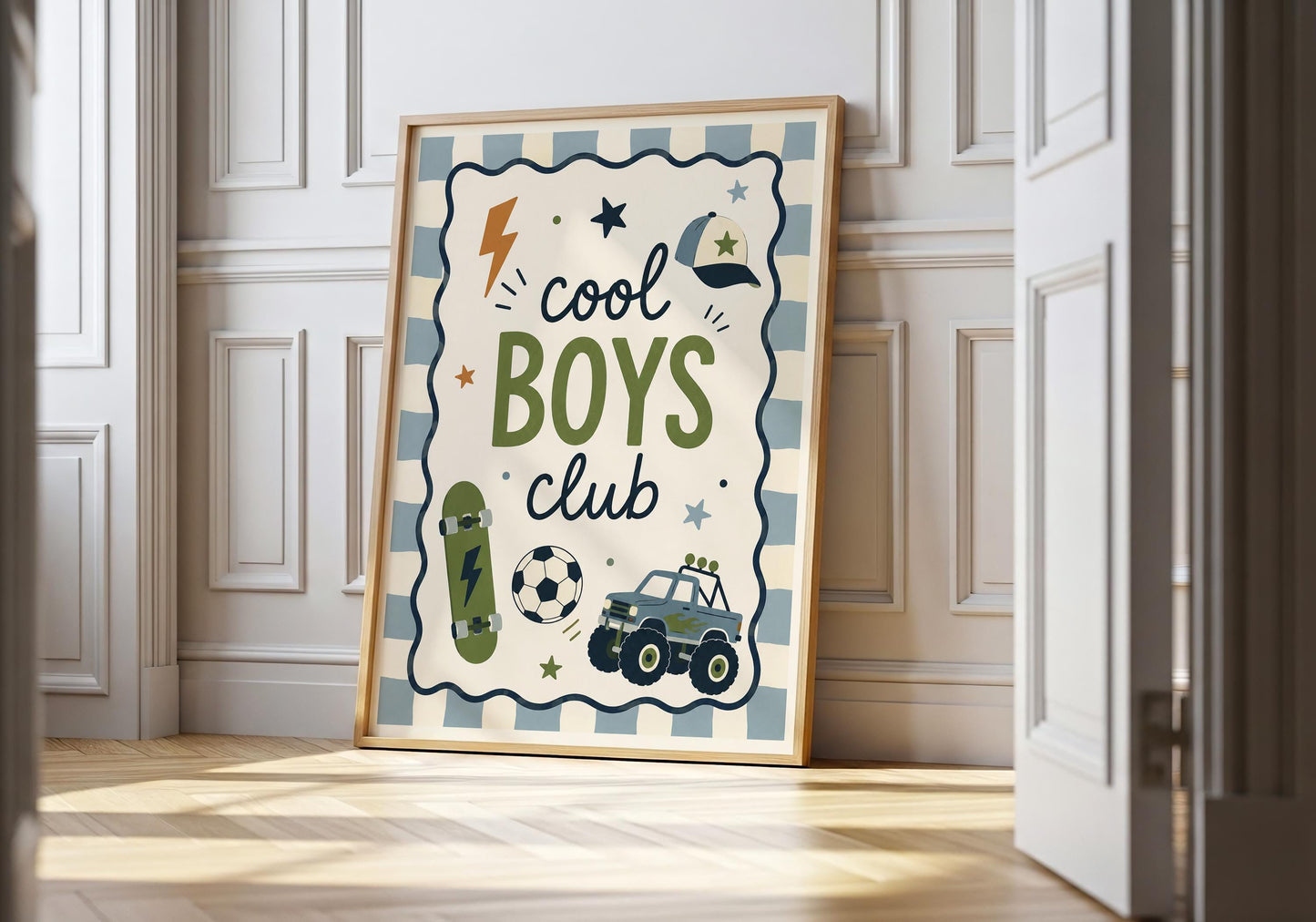 Cool Boys Club wall art with skateboard, football and monster truck illustrations in muted blue, olive and ochre.