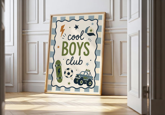 Cool Boys Club wall art with skateboard, football and monster truck illustrations in muted blue, olive and ochre.