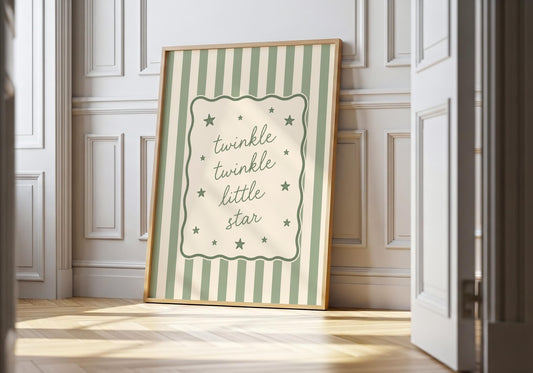 Twinkle Twinkle Little Star nursery print with sage green stripes and delicate stars.