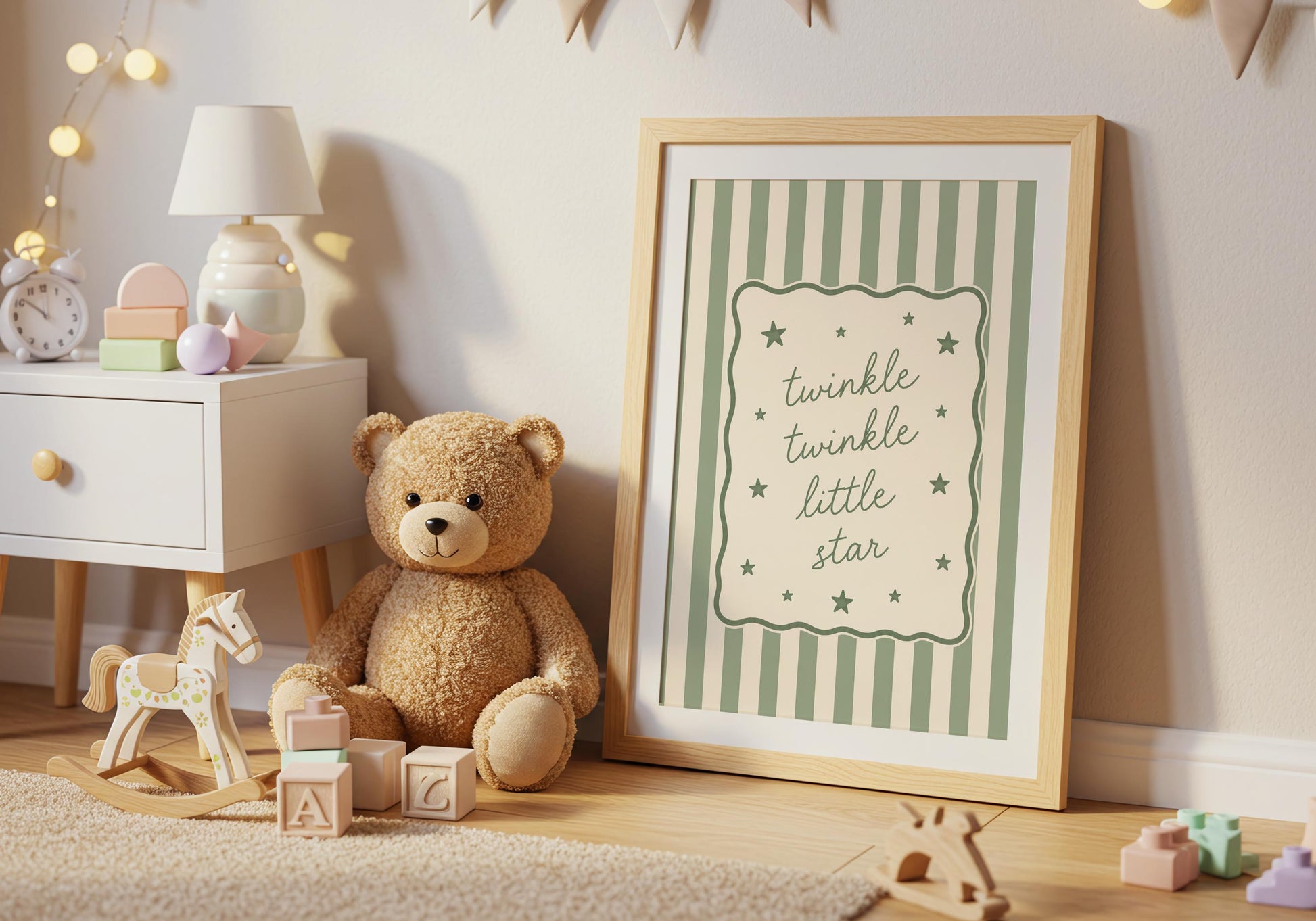 Gender neutral baby room decor with soft green striped nursery artwork.