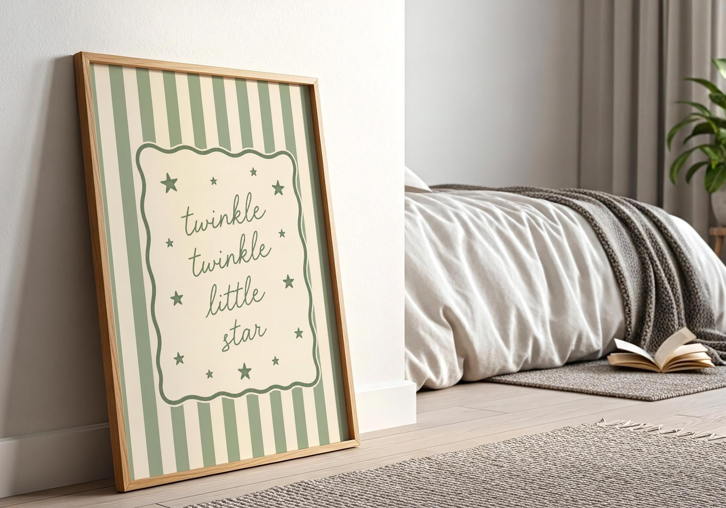 Neutral nursery decor featuring a classic lullaby quote and striped background.