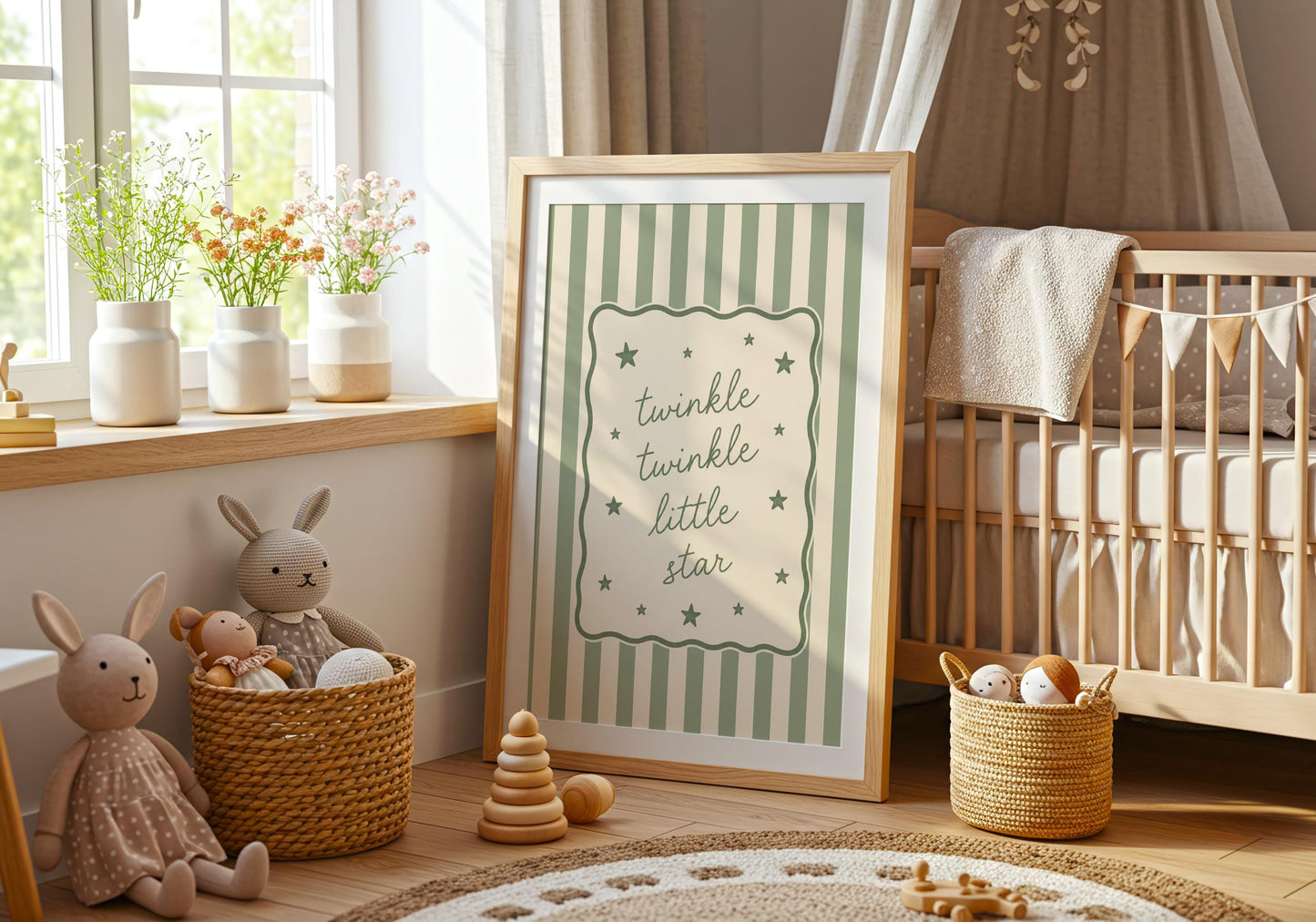 Minimalist nursery print with hand-lettered Twinkle Twinkle Little Star typography.