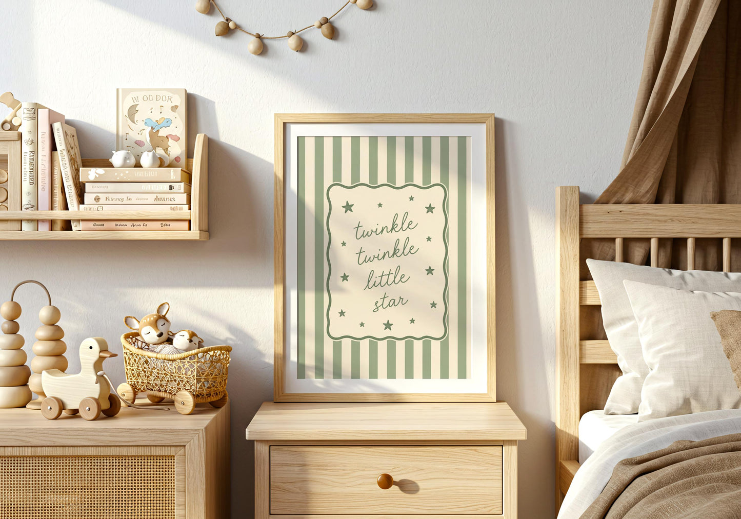 Sage green nursery wall art featuring the Twinkle Twinkle Little Star quote.