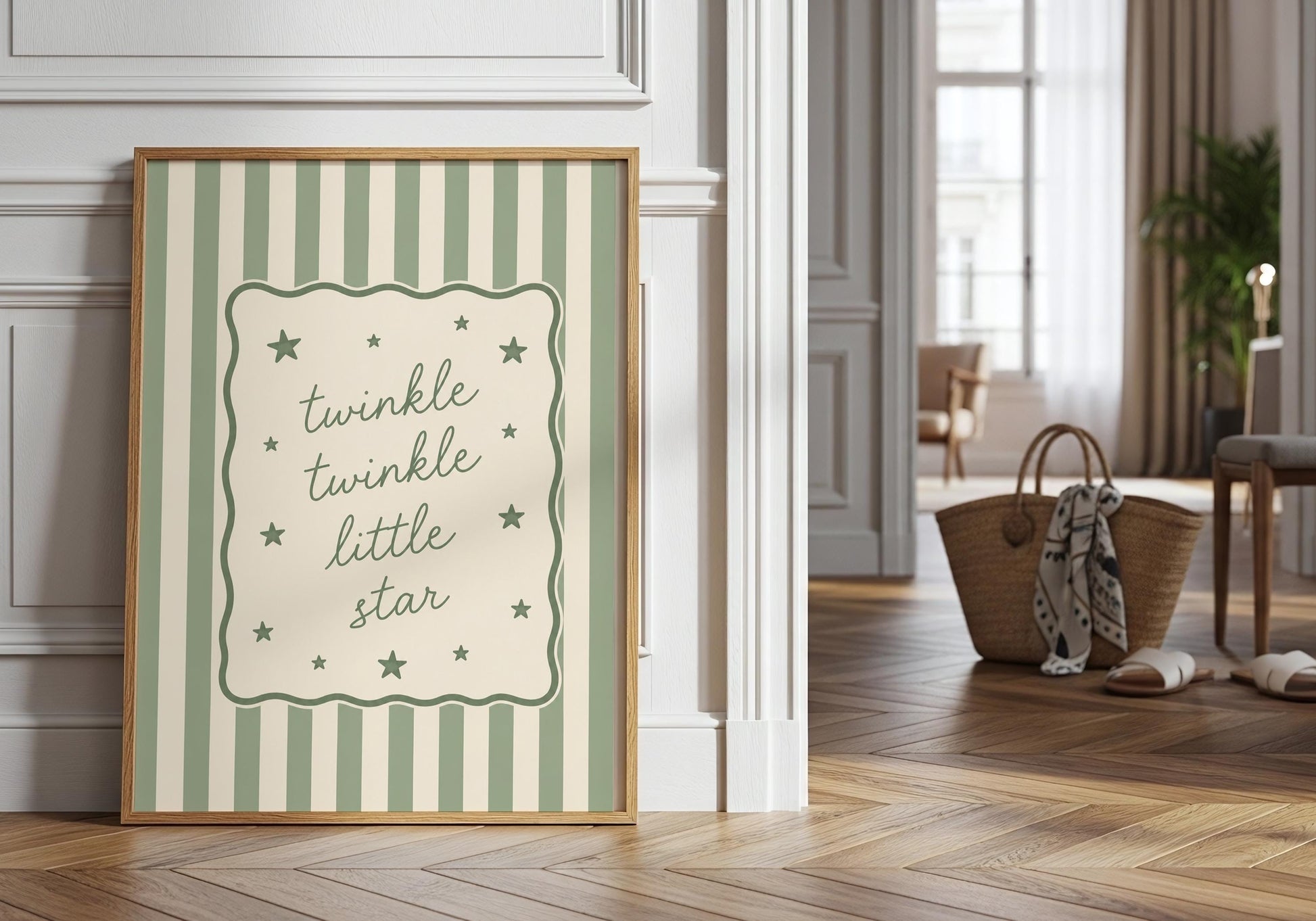 Baby wall art in sage green with stars for a peaceful nursery.