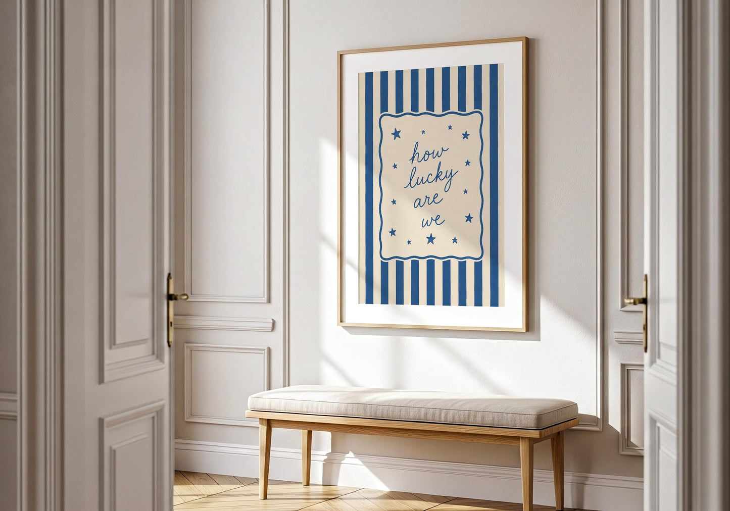 Blue striped family quote print for bedrooms, hallways, and modern homes.