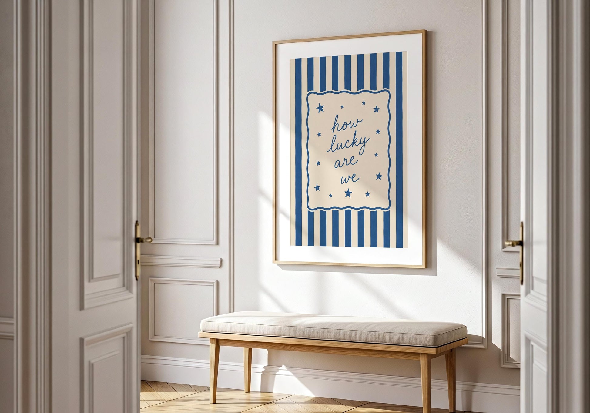 Blue striped family quote print for bedrooms, hallways, and modern homes.