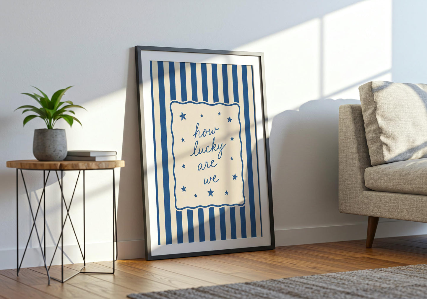 Neutral typography artwork with blue stripes for contemporary interiors.