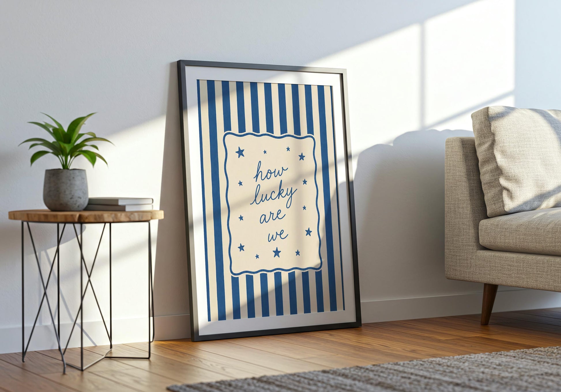 Neutral typography artwork with blue stripes for contemporary interiors.
