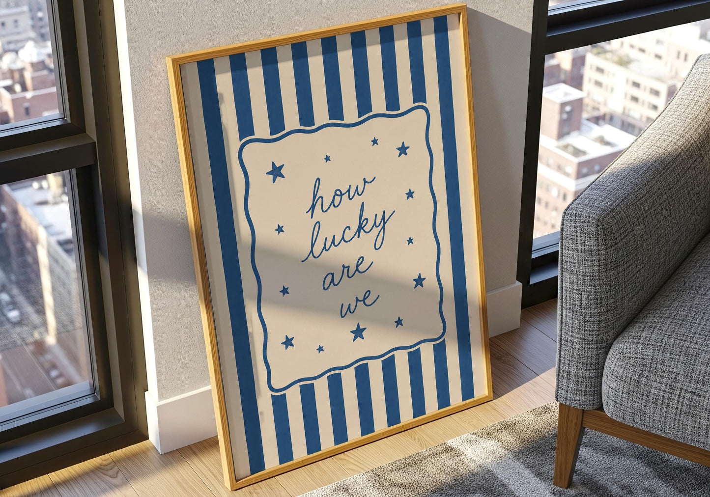 Inspirational wall art with heartfelt quote and timeless blue color palette.