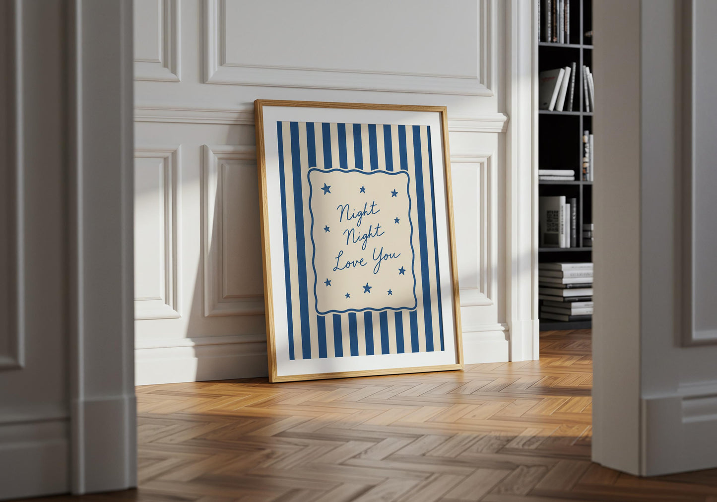 Bedtime quote print for baby rooms with stars and classic typography.