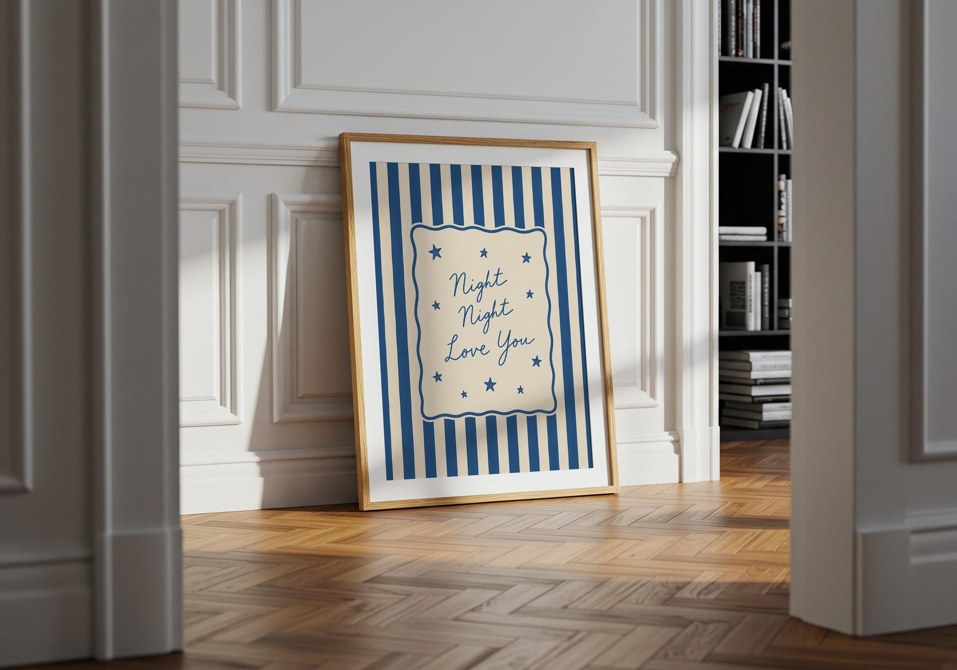 Bedtime quote print for baby rooms with stars and classic typography.