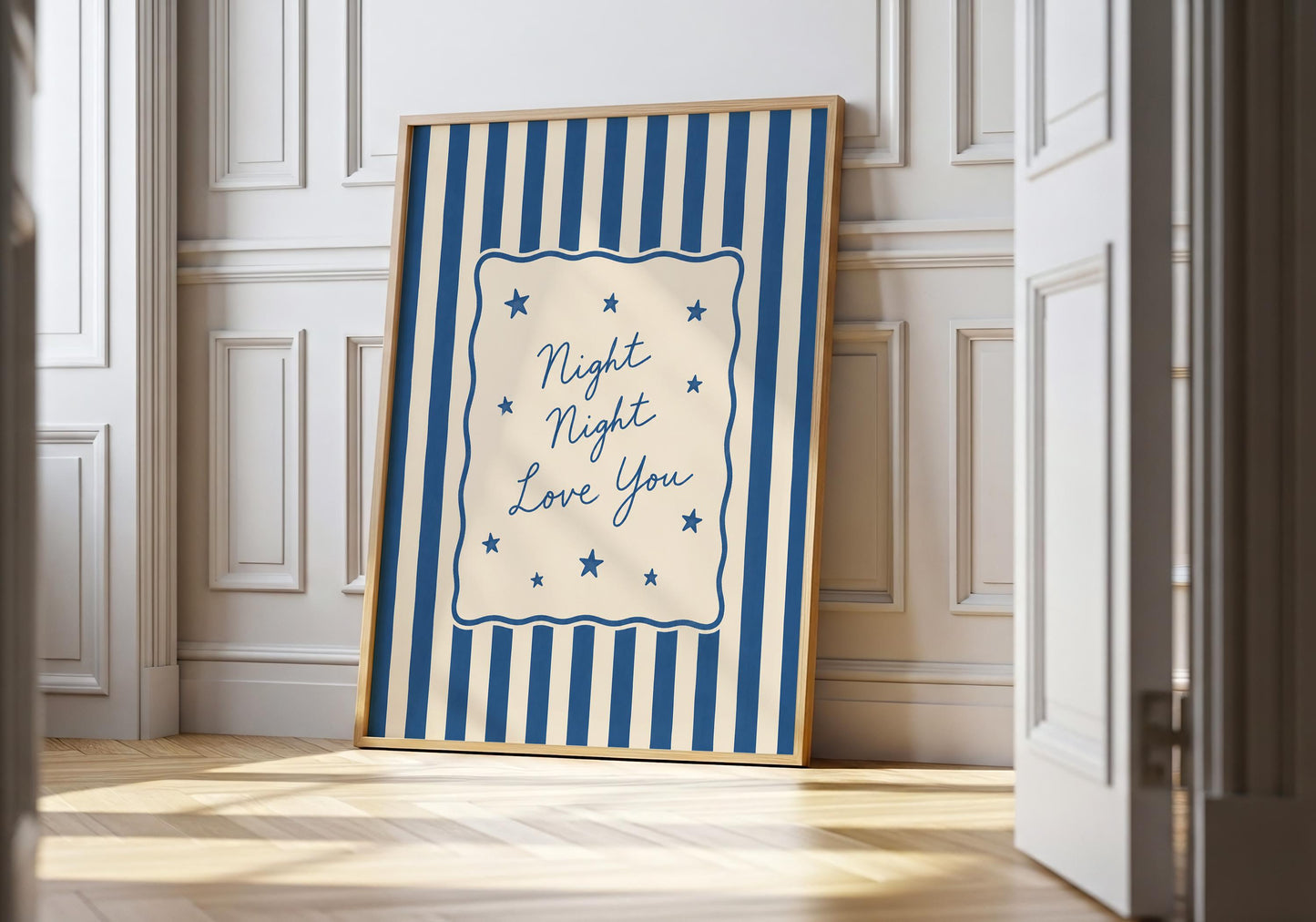 Blue Night Night Love You nursery print with striped background and star illustrations.