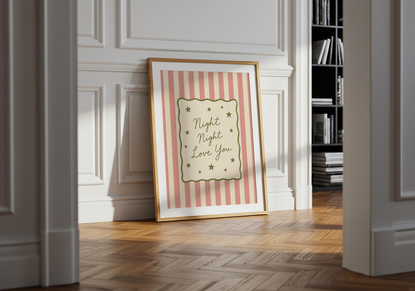 Blush pink nursery print for modern baby rooms.