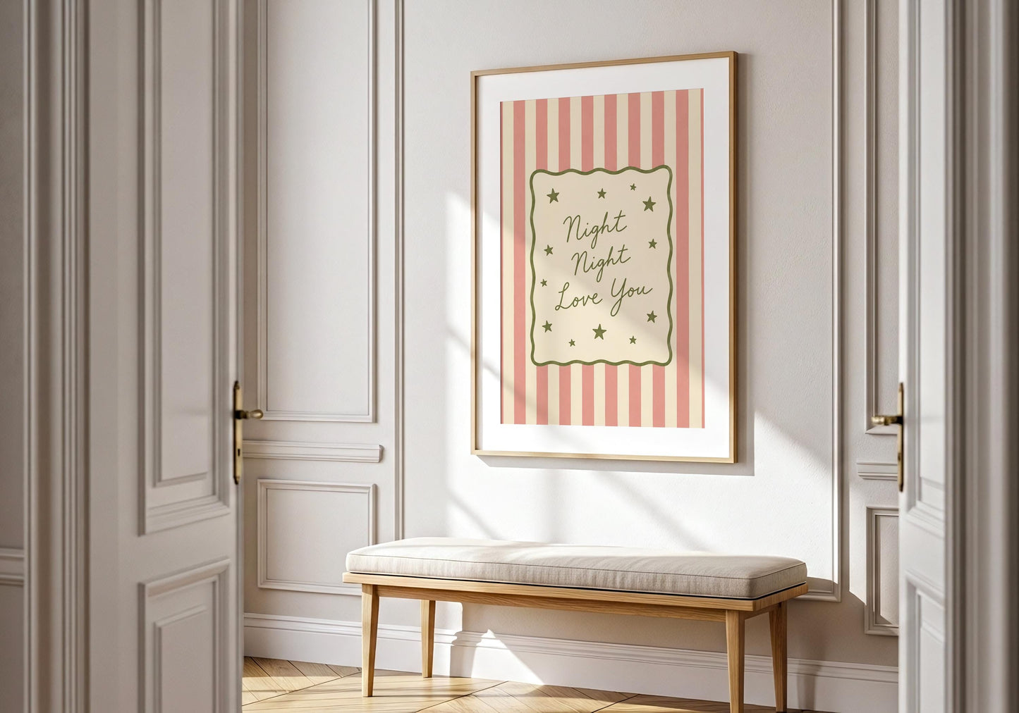 Pink striped nursery art for baby shower gifts.
