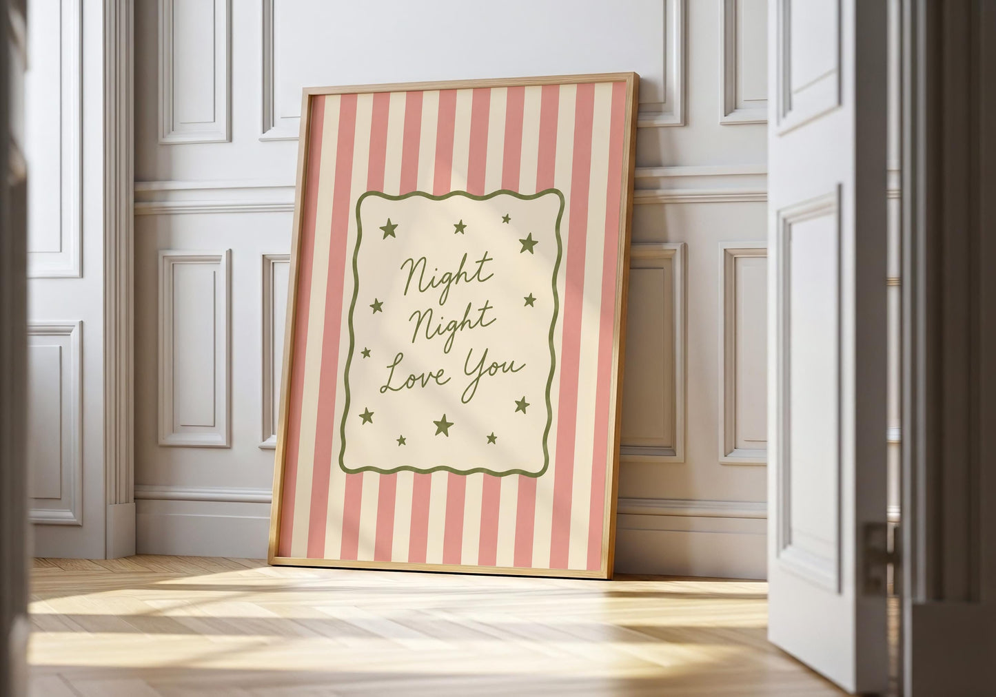 Pink Night Night Love You nursery print with striped background and stars.