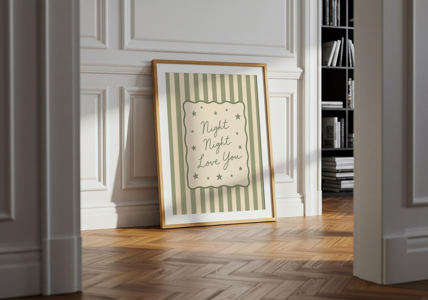 Minimalist nursery typography with calming sage tones.
