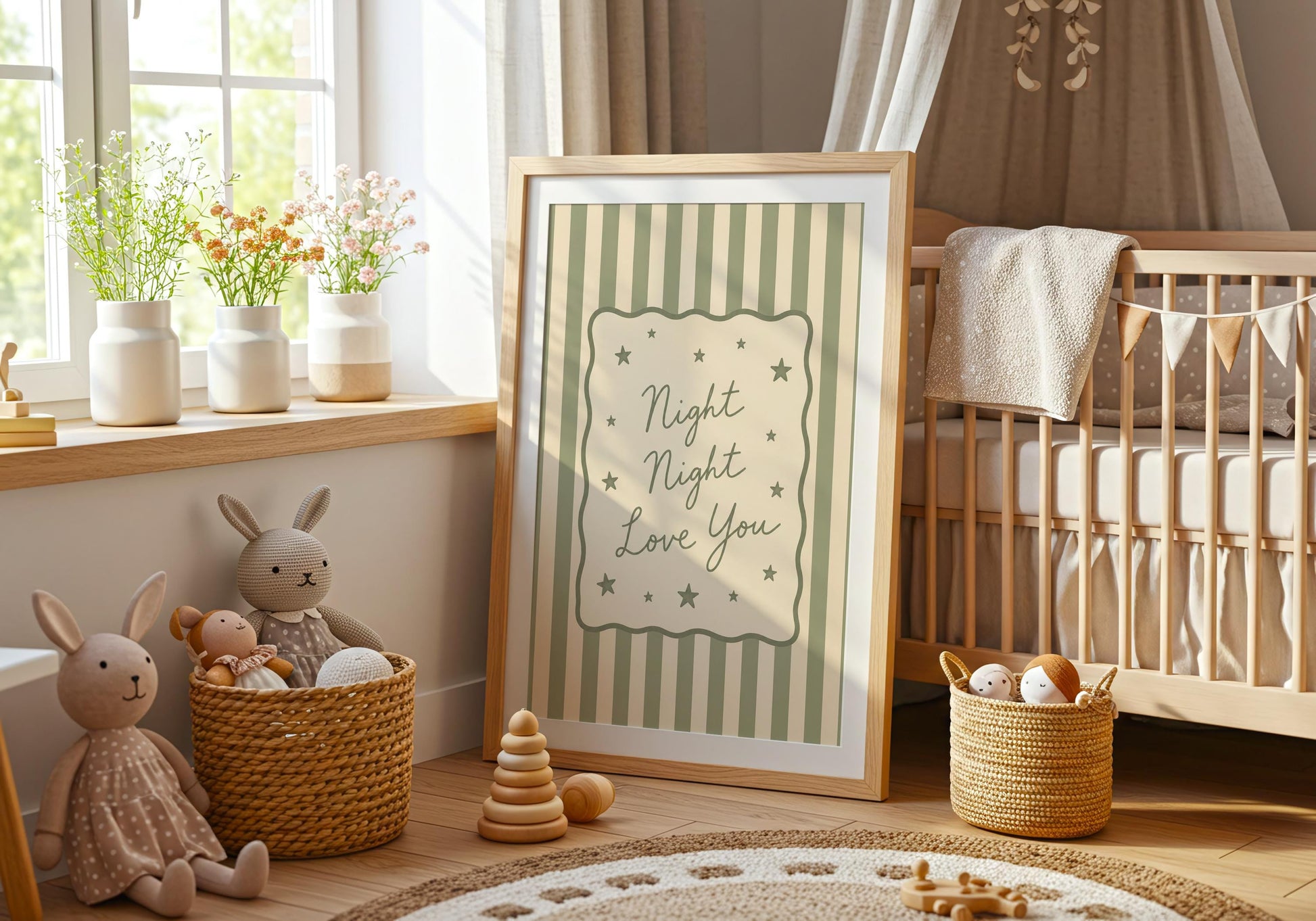Green striped nursery wall art for modern baby rooms.