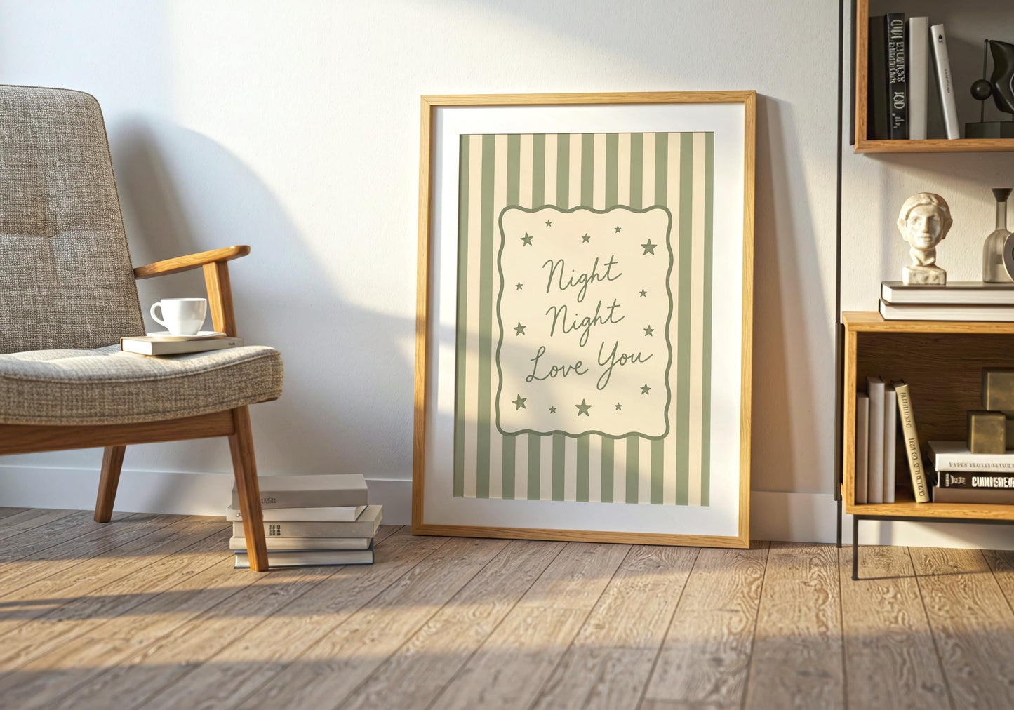 Scandinavian nursery wall art in soft green.