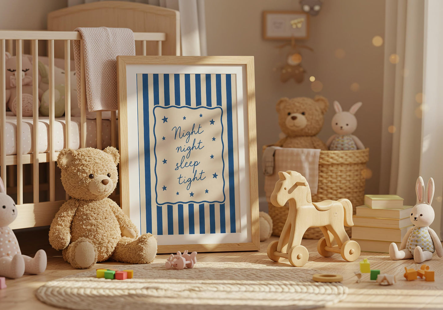 Bedtime quote print for baby rooms with classic blue stripes.