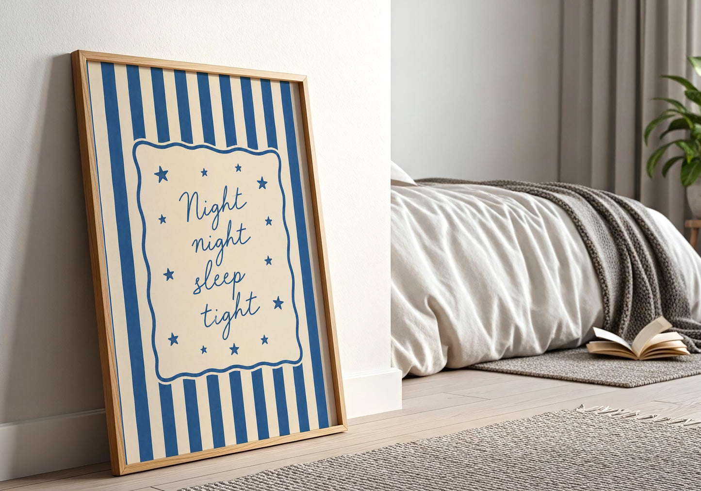 Baby boy nursery wall art featuring the Night Night Sleep Tight bedtime quote.